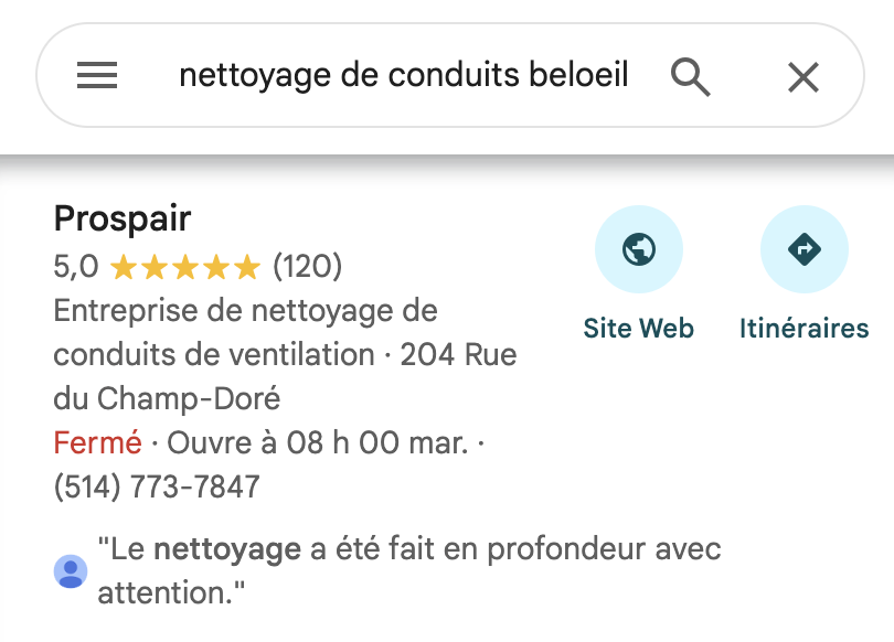 Prospair premier sur Google pour nettoyage de conduits à Beloeil